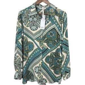 NWT Rose‎ + Olive Women's L Geometric Paisley Blouse Top Button Up Light Grecian